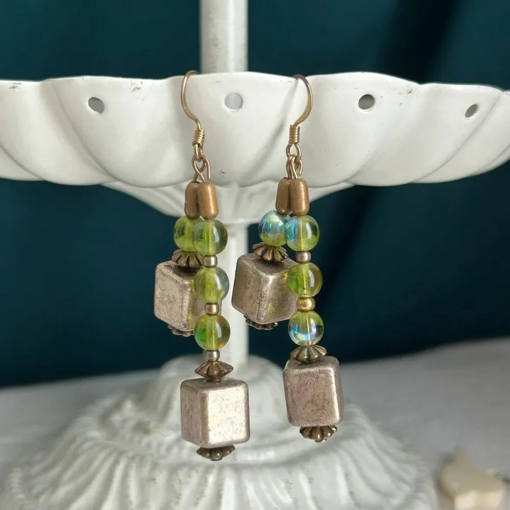 Handmade Vintage Repurposed Gold and Green Dangle Earrings